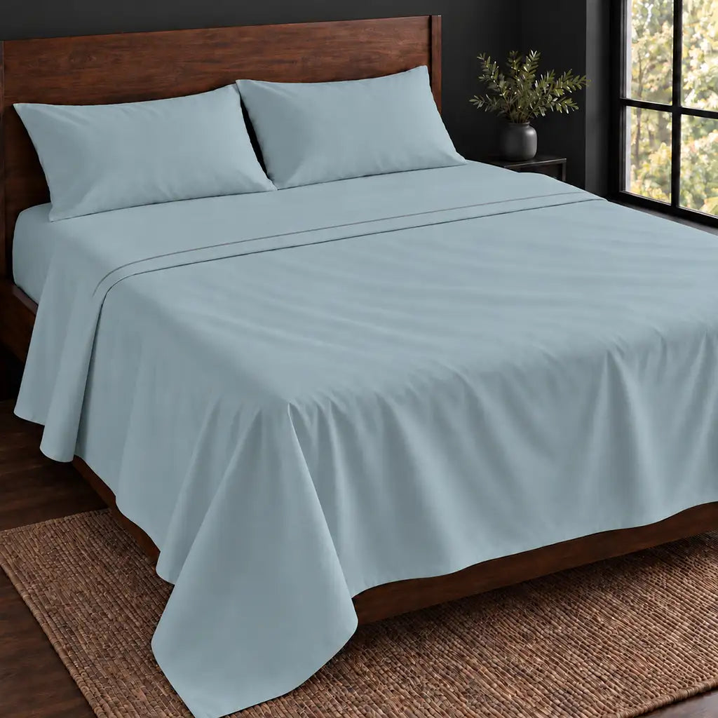 duck egg polycotton percale 200tc flat sheet, one row grey satin stitch — hero — Linen and Co