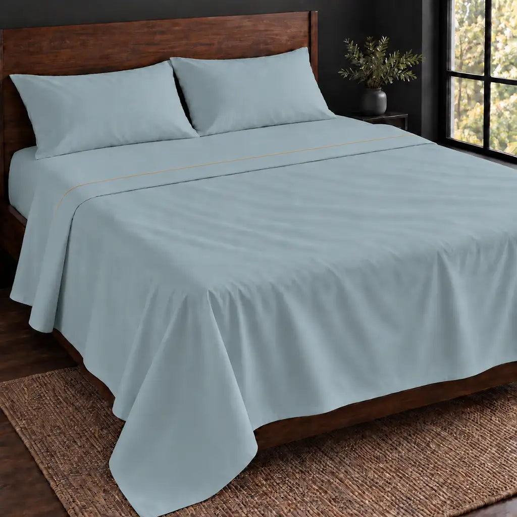 duck egg polycotton percale 200tc flat sheet, one row stone satin stitch — hero — Linen and Co
