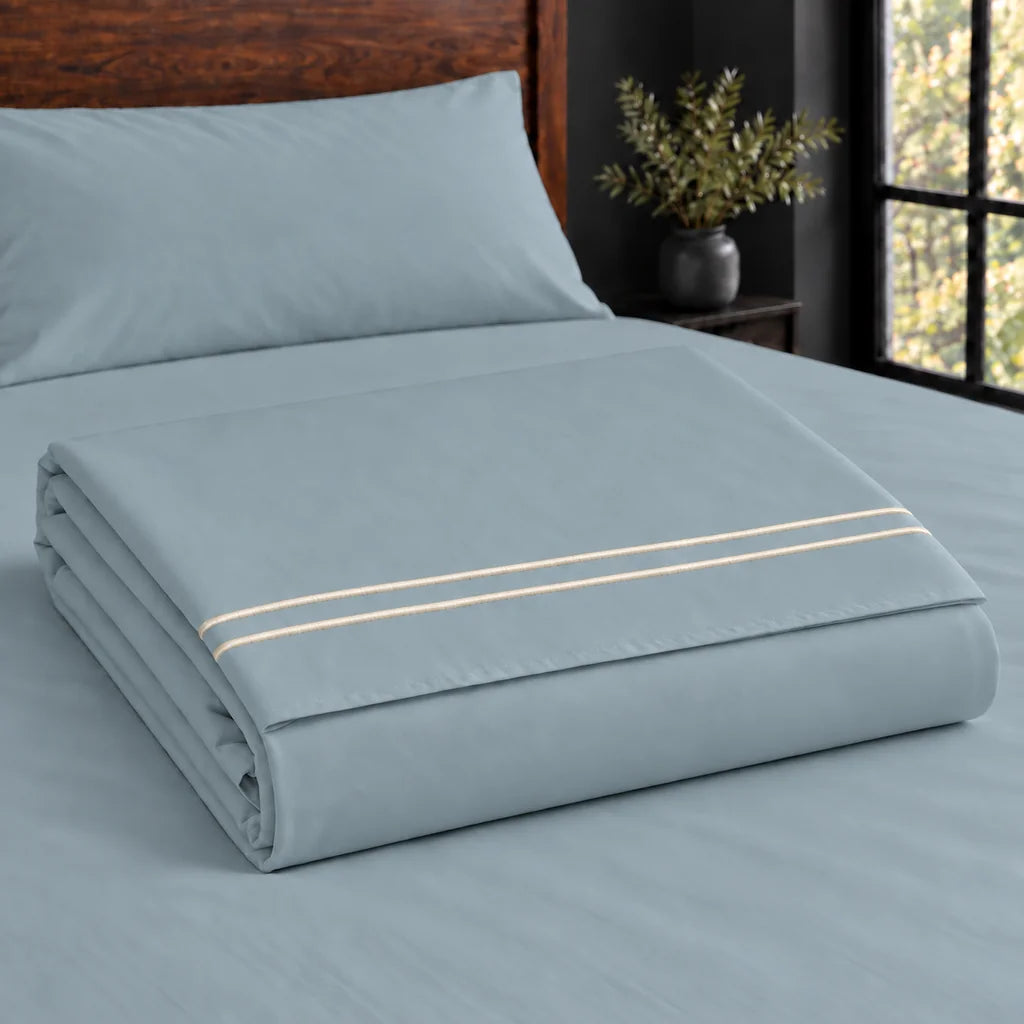 duck egg polycotton percale 200tc flat sheet, two row cream satin stitch — construction — Linen and Co