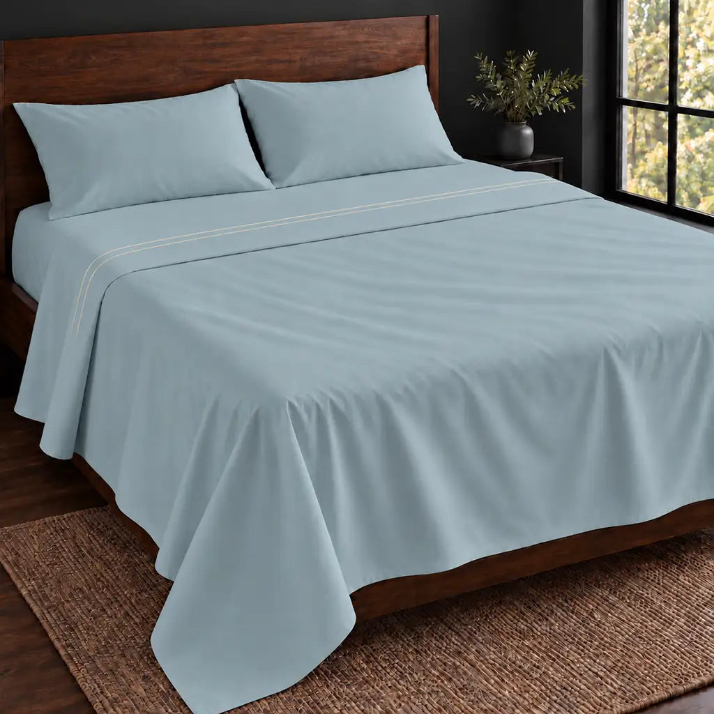duck egg polycotton percale 200tc flat sheet, two row cream satin stitch — hero — Linen and Co
