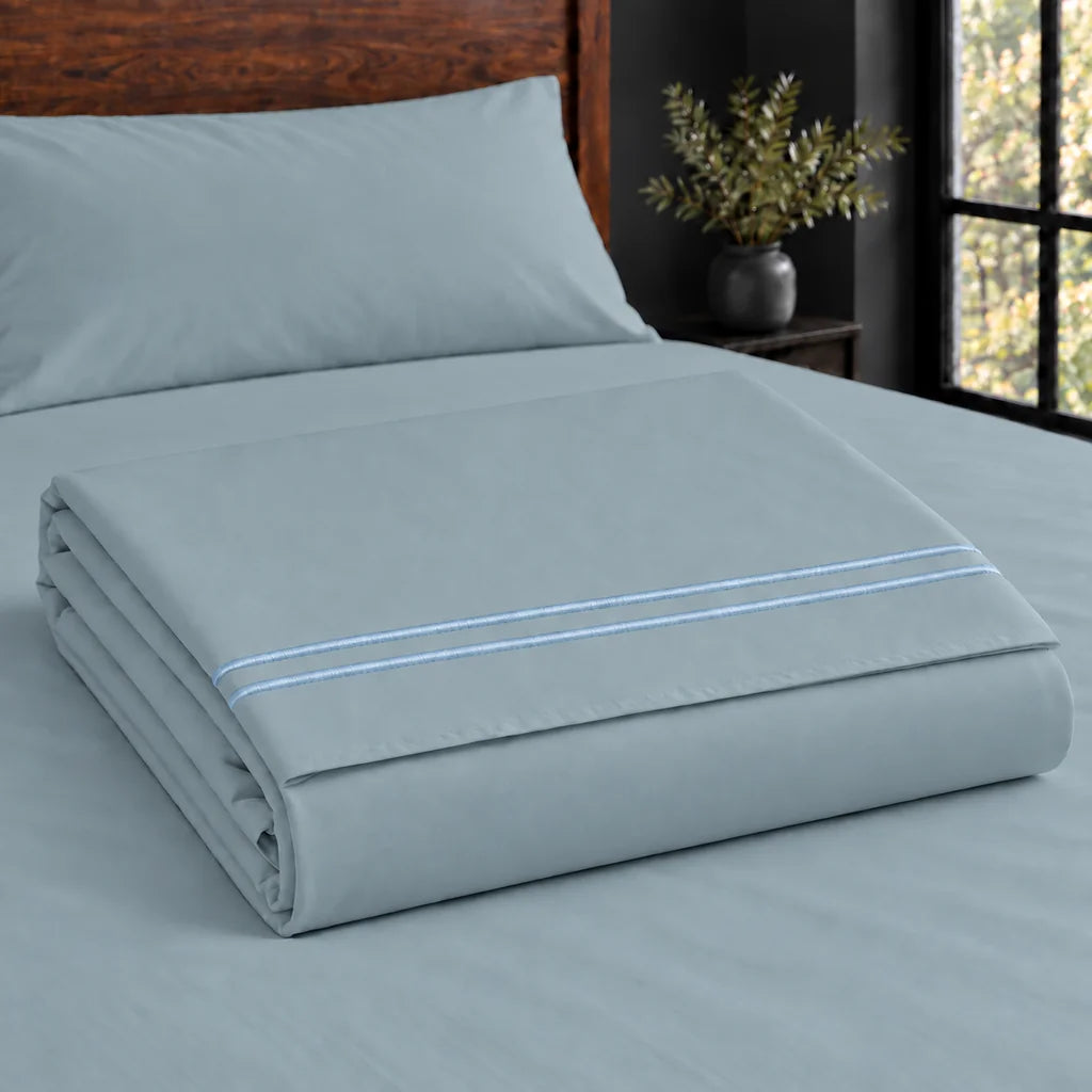 duck egg polycotton percale 200tc flat sheet, two row duck egg satin stitch — construction — Linen and Co