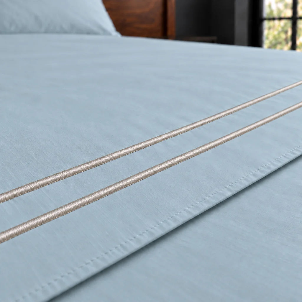 duck egg polycotton percale 200tc flat sheet, two row stone satin stitch — close up — Linen and Co