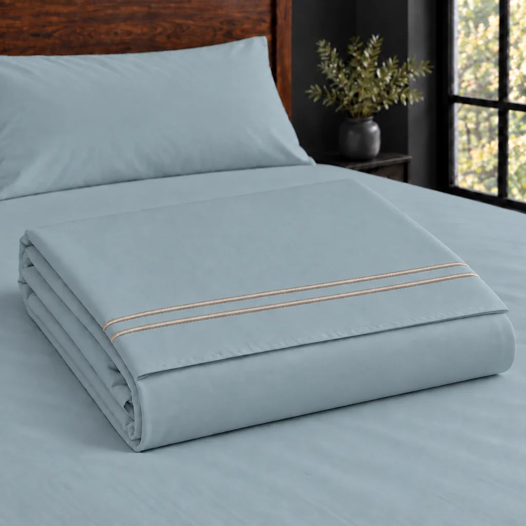 duck egg polycotton percale 200tc flat sheet, two row stone satin stitch — construction — Linen and Co