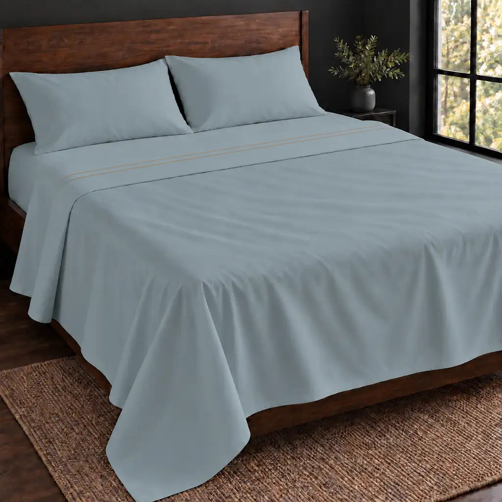 duck egg polycotton percale 200tc flat sheet, two row stone satin stitch — hero — Linen and Co