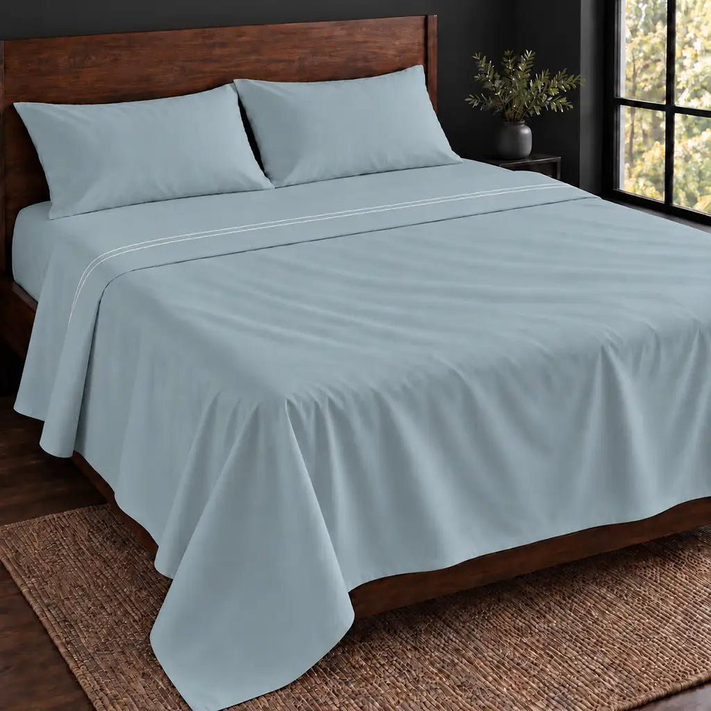 duck egg polycotton percale 200tc flat sheet, two row white satin stitch — hero — Linen and Co