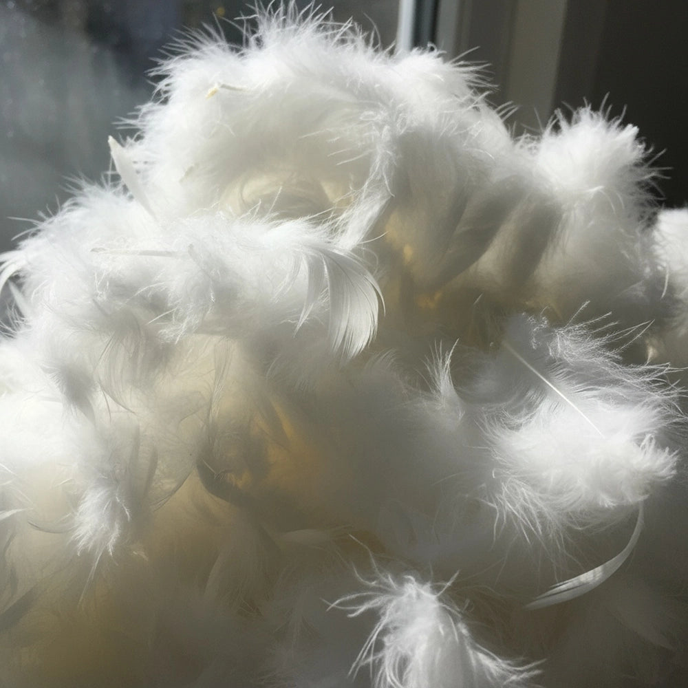 Close-up of white duck feather filling showcasing soft, professional-grade texture and hospitality-quality pillow material by Linen & Co