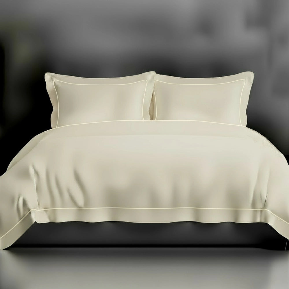 Cream Oxford duvet cover with satin stitch by Linen and Co - luxury hospitality bed linen