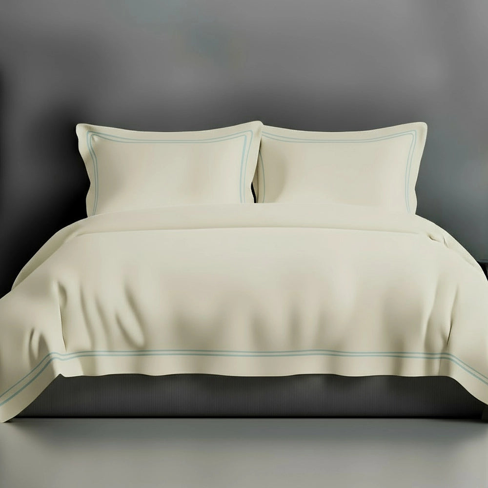 Cream Oxford duvet cover with satin stitch by Linen and Co - luxury hospitality bed linen