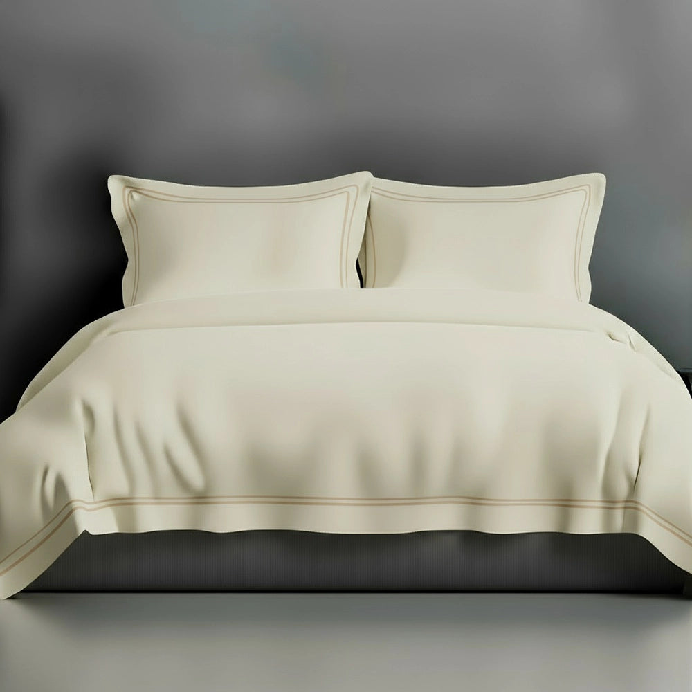 Cream Oxford duvet cover with satin stitch by Linen and Co - luxury hospitality bed linen