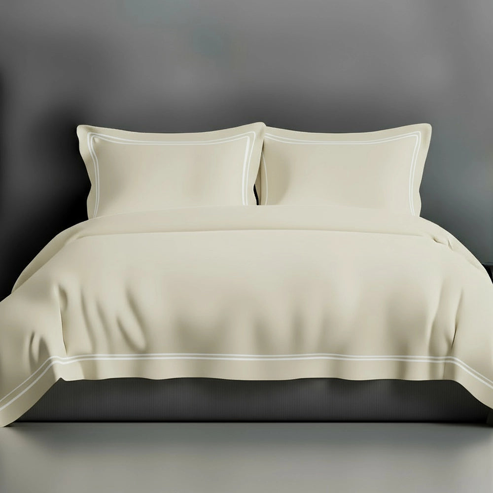 Cream Oxford duvet cover with satin stitch by Linen and Co - luxury hospitality bed linen