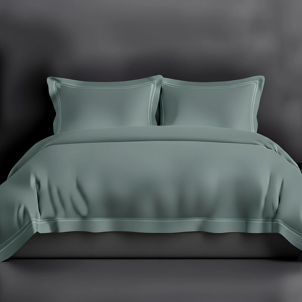 Duck Egg Oxford duvet cover with satin stitch by Linen and Co - luxury hospitality bed linen