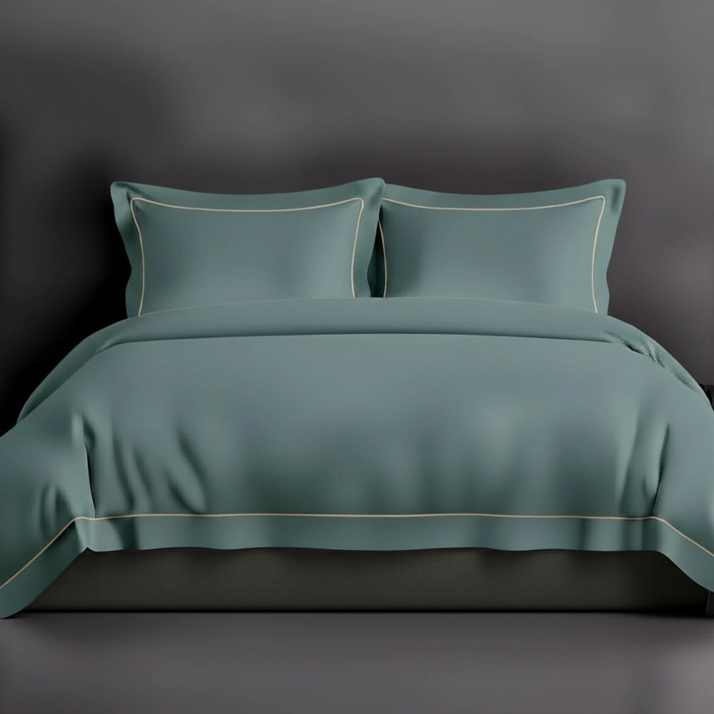 Duck Egg Oxford duvet cover with satin stitch by Linen and Co - luxury hospitality bed linen