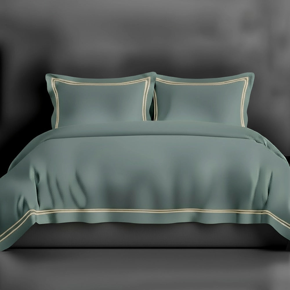 Duck Egg Oxford duvet cover with satin stitch by Linen and Co - luxury hospitality bed linen