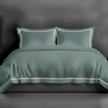 Duck Egg Oxford duvet cover with white two rows satin stitch - Linen and Co