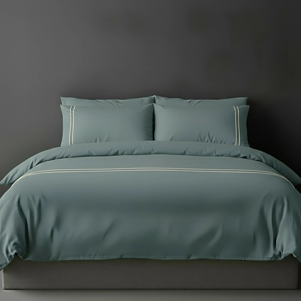 Duck Egg duvet cover with cream satin stitch and pillows by Linen and Co - luxury bed linen