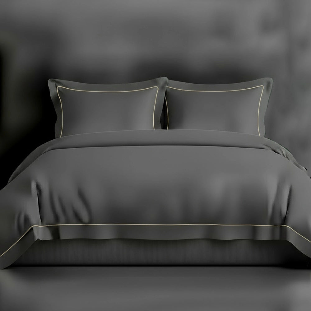 Grey Oxford duvet cover with satin stitch by Linen and Co - luxury hospitality bed linen