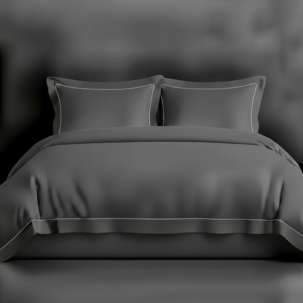 Grey Oxford duvet cover with satin stitch by Linen and Co - luxury hospitality bed linen