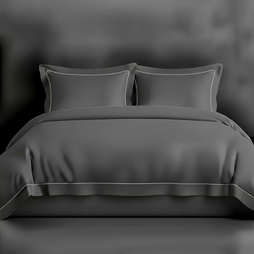Grey Oxford duvet cover with satin stitch by Linen and Co - luxury hospitality bed linen