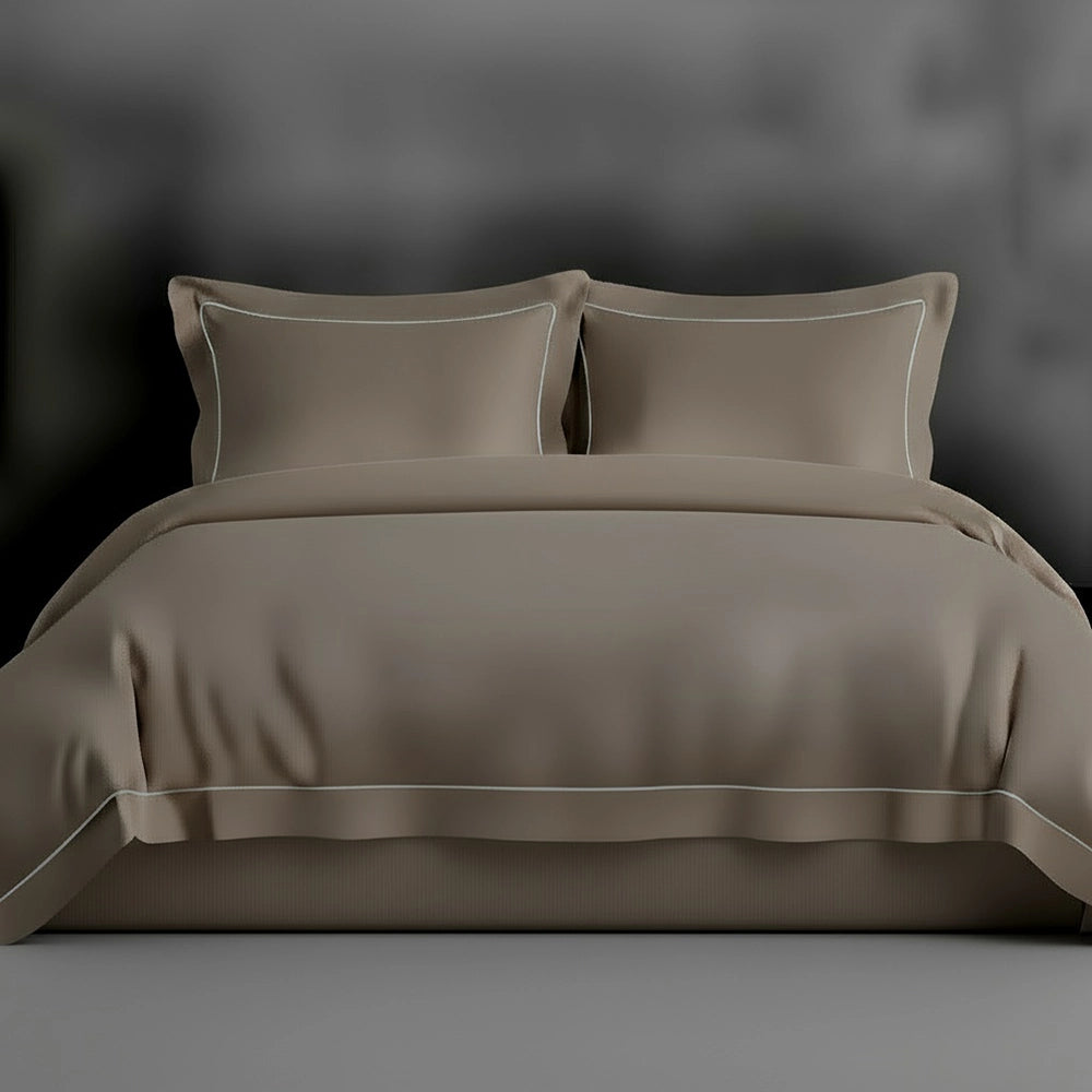 Stone Oxford duvet cover with satin stitch by Linen and Co - luxury hospitality bed linen