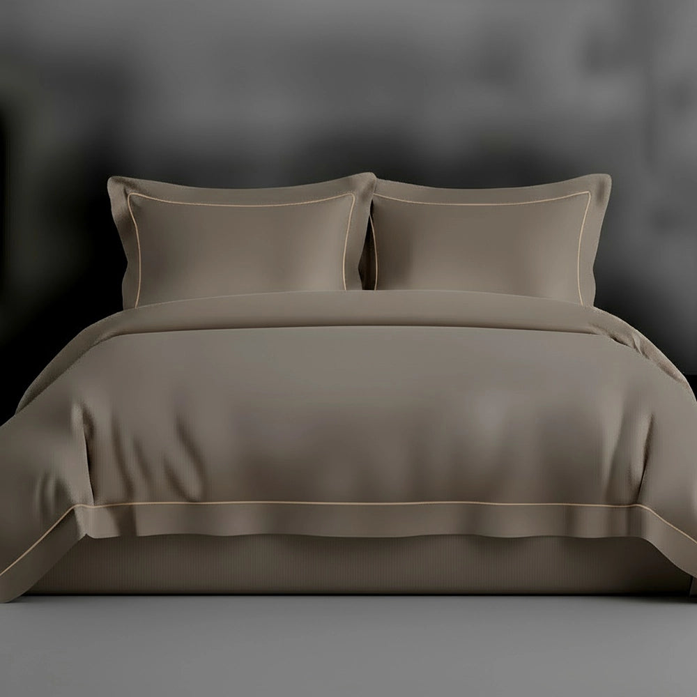 Stone Oxford duvet cover with satin stitch by Linen and Co - luxury hospitality bed linen