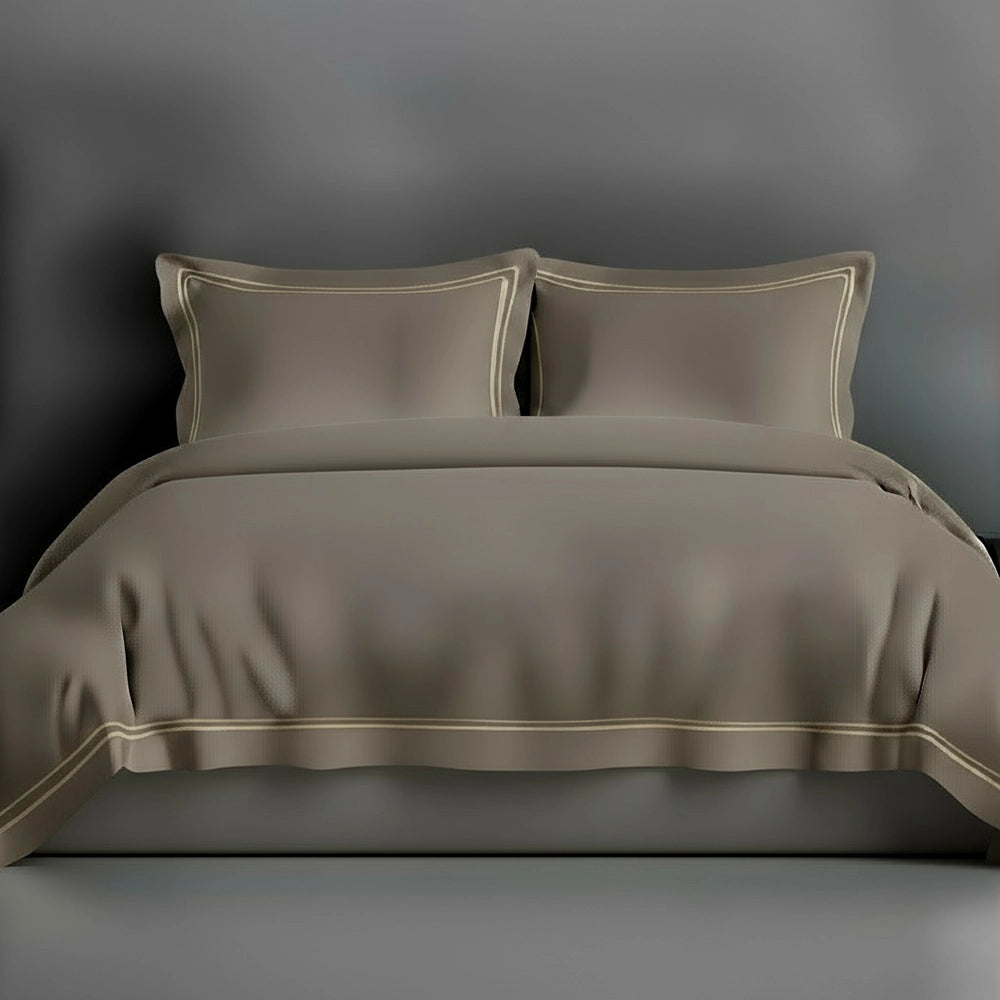 Stone Oxford duvet cover with satin stitch by Linen and Co - luxury hospitality bed linen