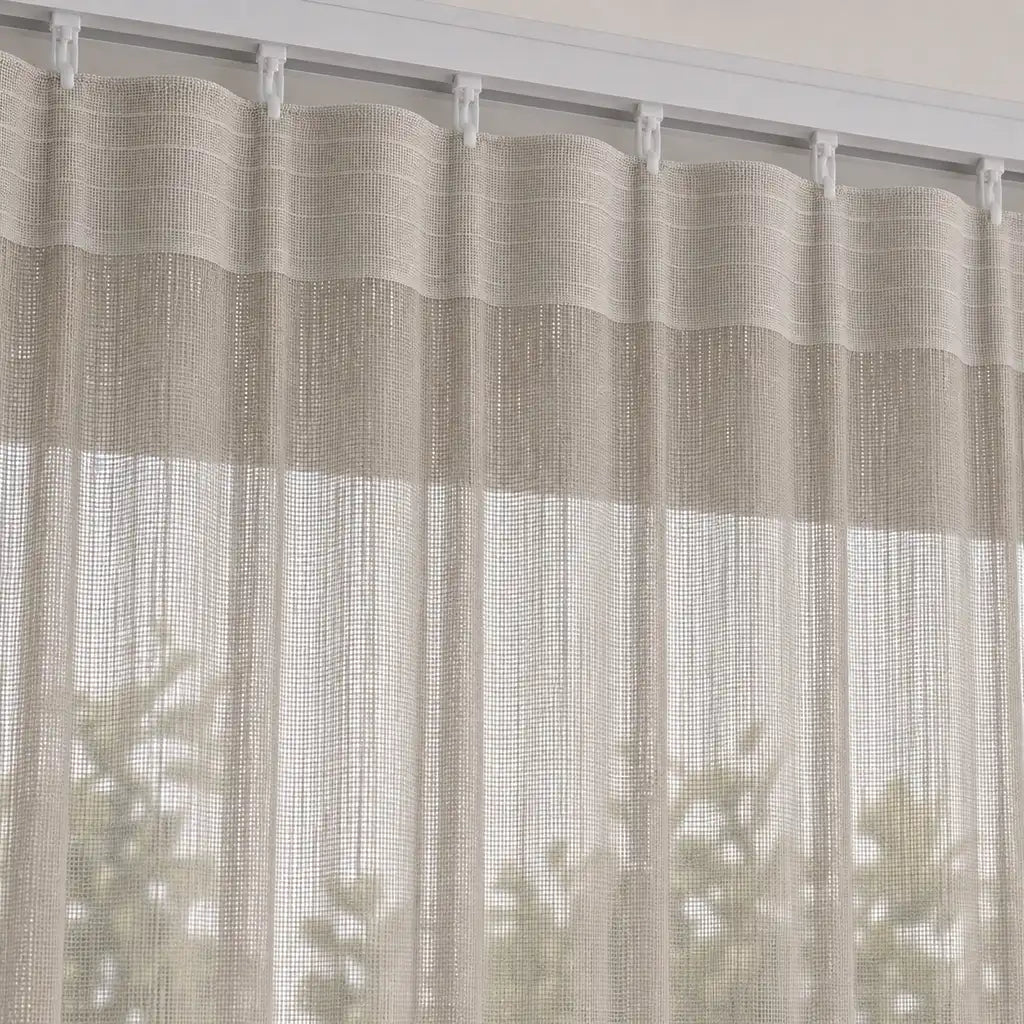 Ella Sand sheer taped curtain close-up with linen-look texture