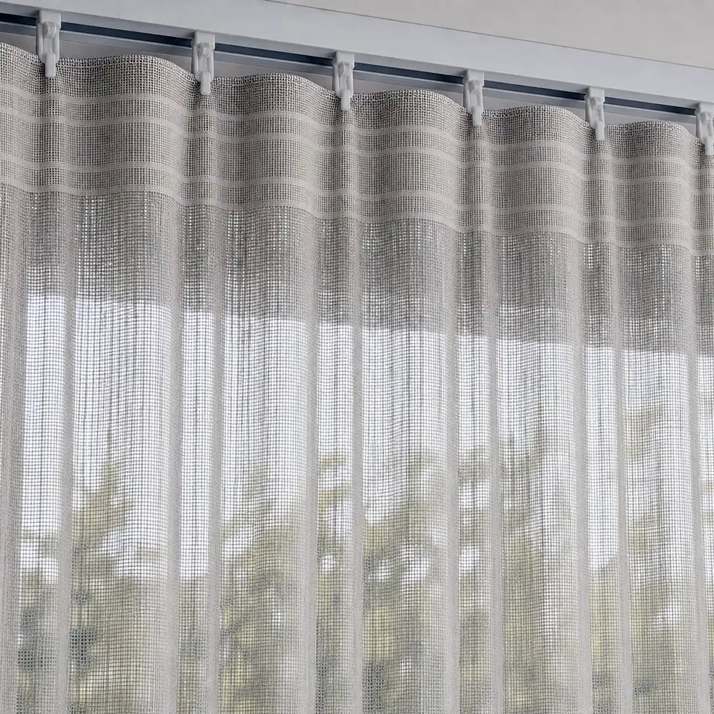 Ella Stone sheer taped curtain close-up with linen-look texture