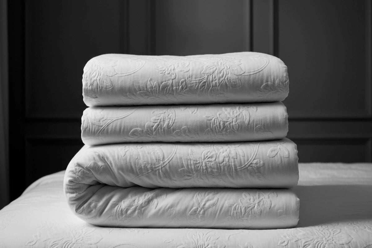 Folded white quilted bedspread with embossed pattern, premium hospitality bedding by Linen and Co