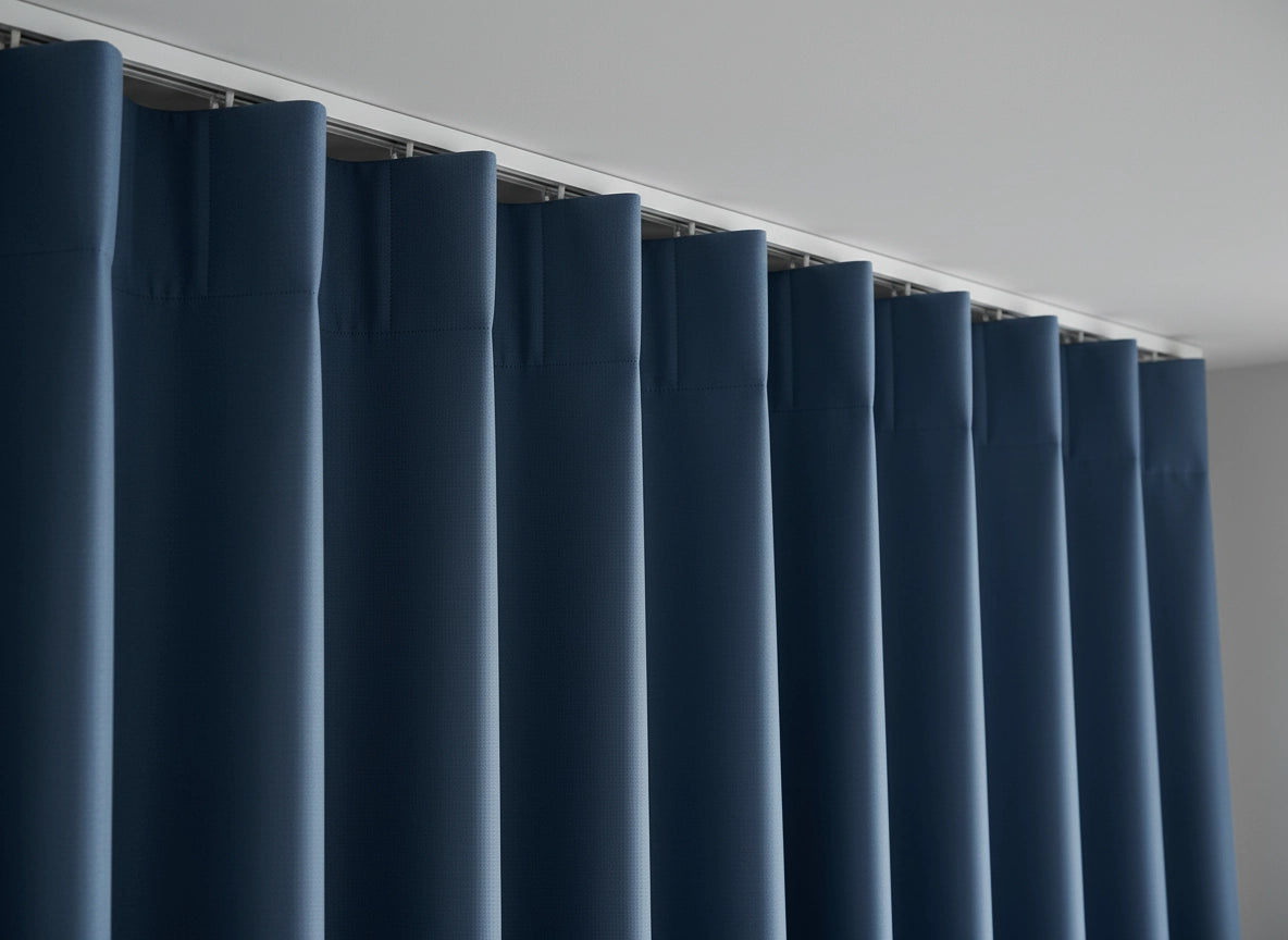 French blue taped curtains on ceiling wave track, Linen and Co, hospitality and residential curtains