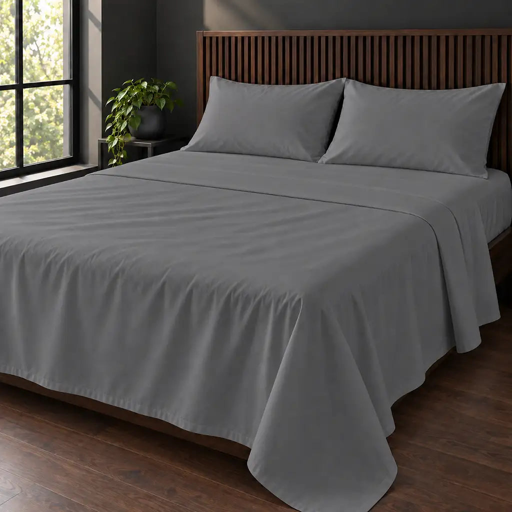 grey cotton percale 200tc flat sheet, plain no satin stitch — hero — Linen and Co