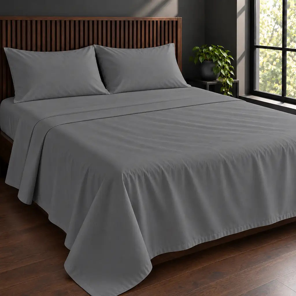 grey cotton percale 200tc flat sheet, one row grey satin stitch — hero — Linen and Co