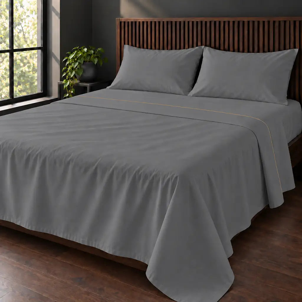 grey cotton percale 200tc flat sheet, one row stone satin stitch — hero — Linen and Co