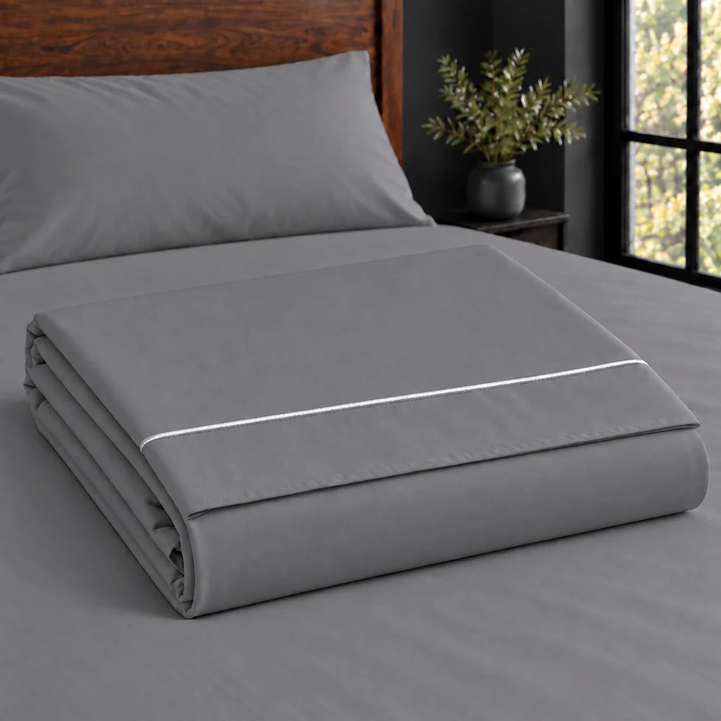 grey cotton percale 200tc flat sheet, one row white satin stitch — construction — Linen and Co