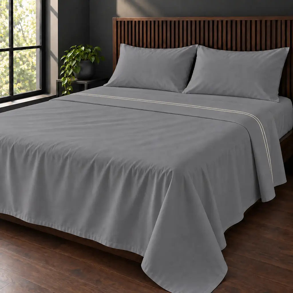 grey cotton percale 200tc flat sheet, two row cream satin stitch — hero — Linen and Co