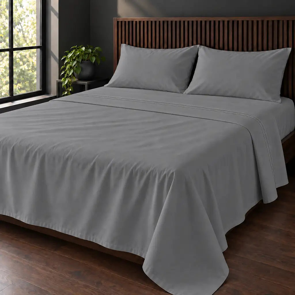 grey cotton percale 200tc flat sheet, two row grey satin stitch — hero — Linen and Co
