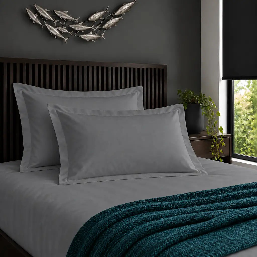 Oxford grey 200TC cotton percale pillowcases with no satin stitch border by Linen and Co