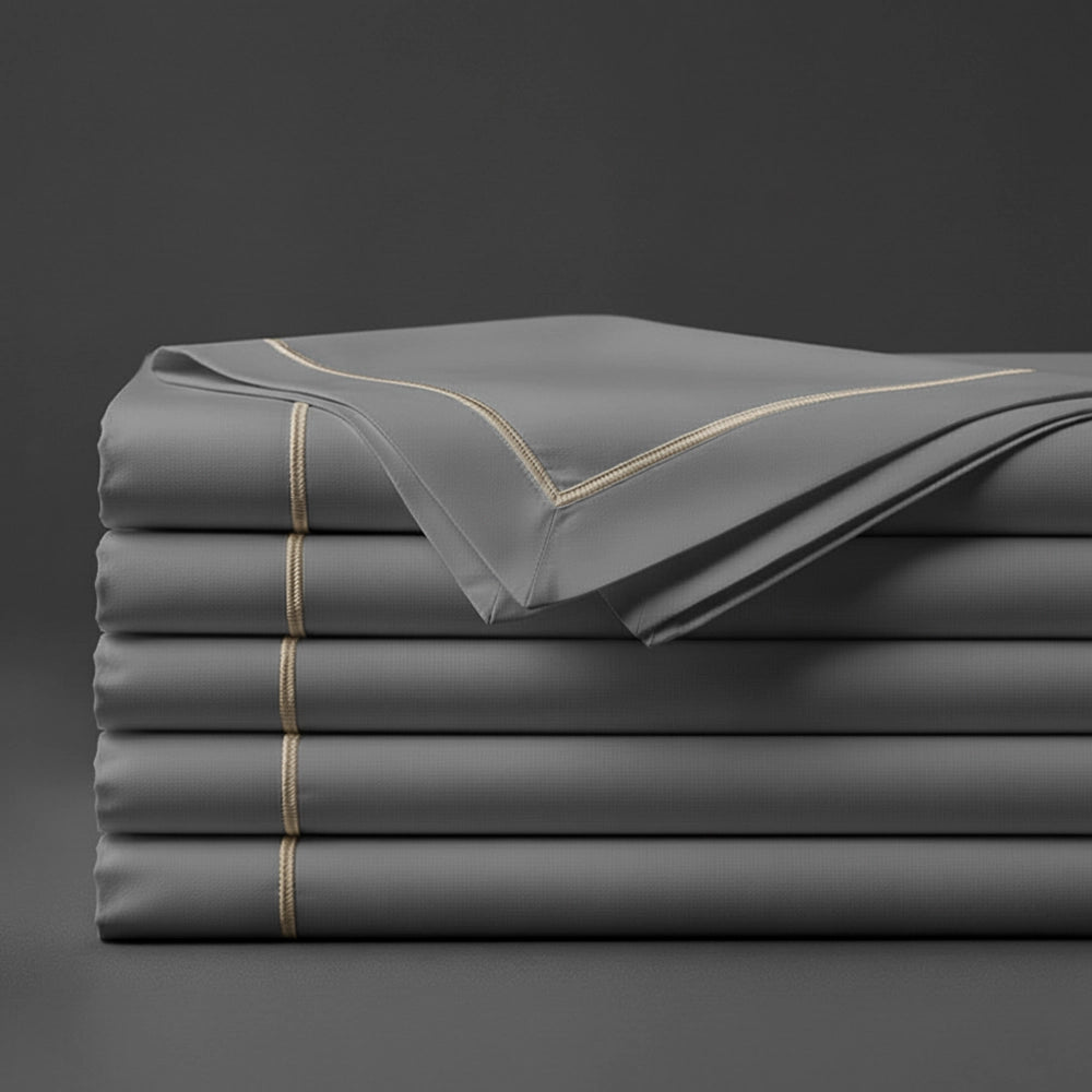Grey Flat Sheet with Stone Satin Stitch by Linen and Co - premium bed linen