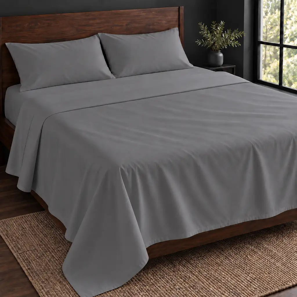 grey polycotton percale 200tc flat sheet, plain no satin stitch — hero — Linen and Co