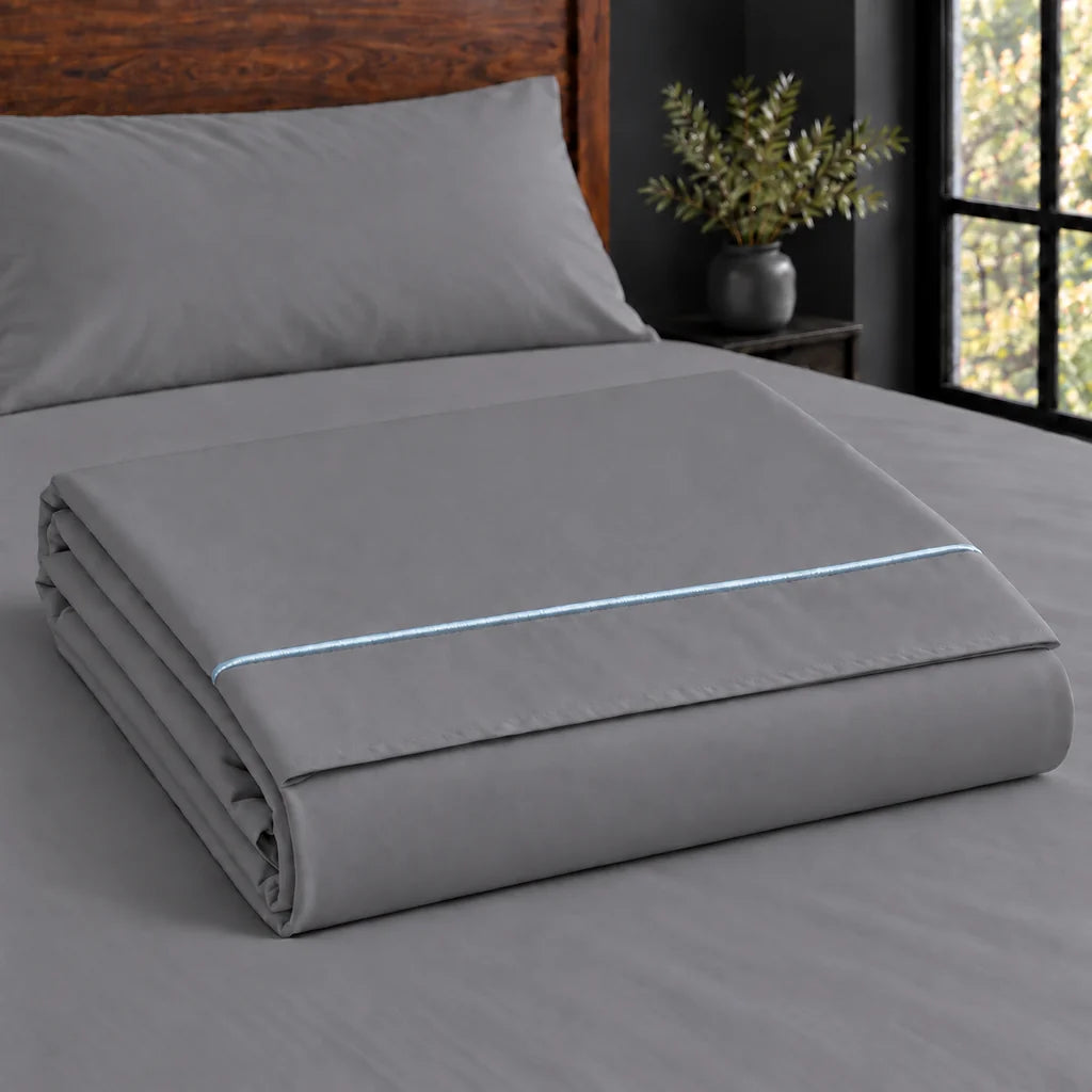grey polycotton percale 200tc flat sheet, one row duck egg satin stitch — construction — Linen and Co