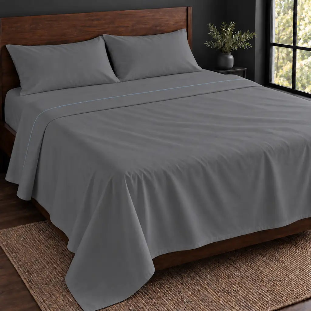 grey polycotton percale 200tc flat sheet, one row duck egg satin stitch — hero — Linen and Co