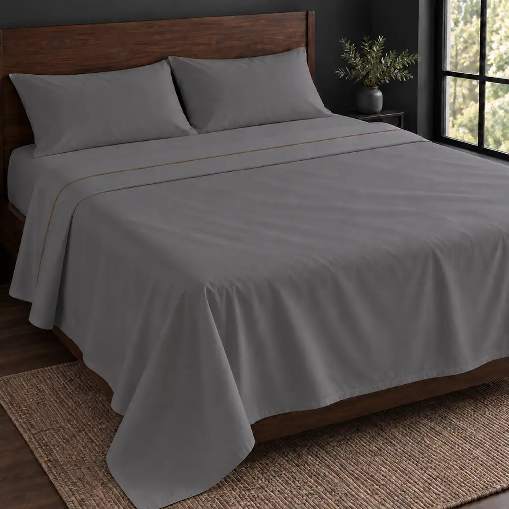 grey polycotton percale 200tc flat sheet, one row stone satin stitch — hero — Linen and Co