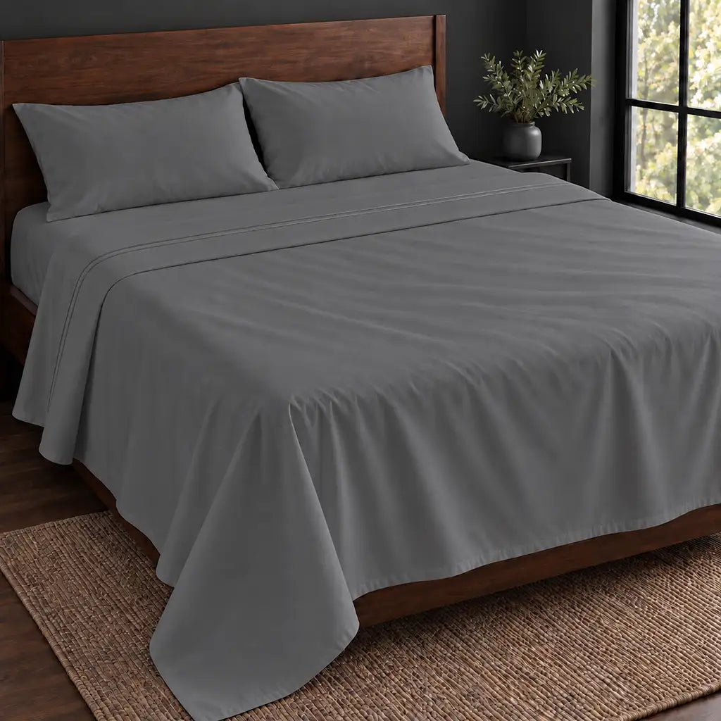 grey polycotton percale 200tc flat sheet, two row grey satin stitch — hero — Linen and Co