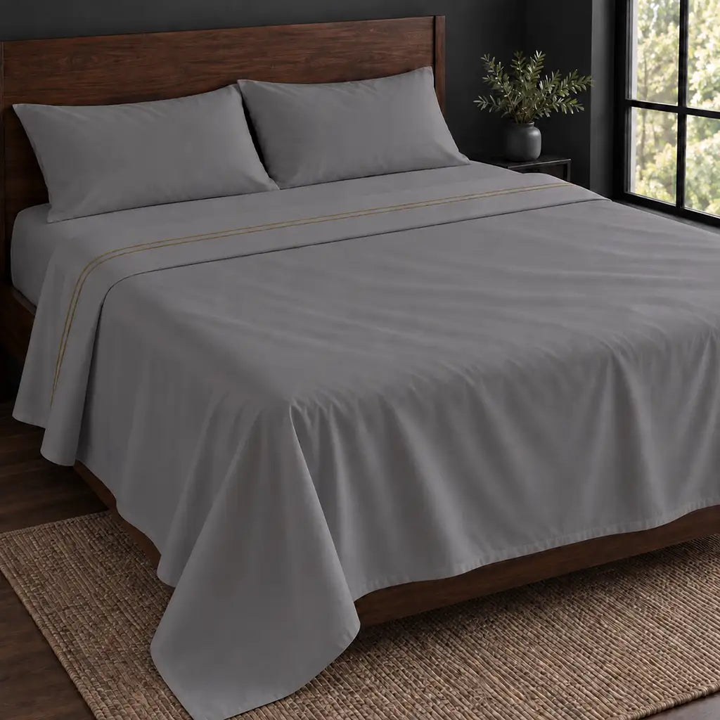 grey polycotton percale 200tc flat sheet, two row stone satin stitch — hero — Linen and Co