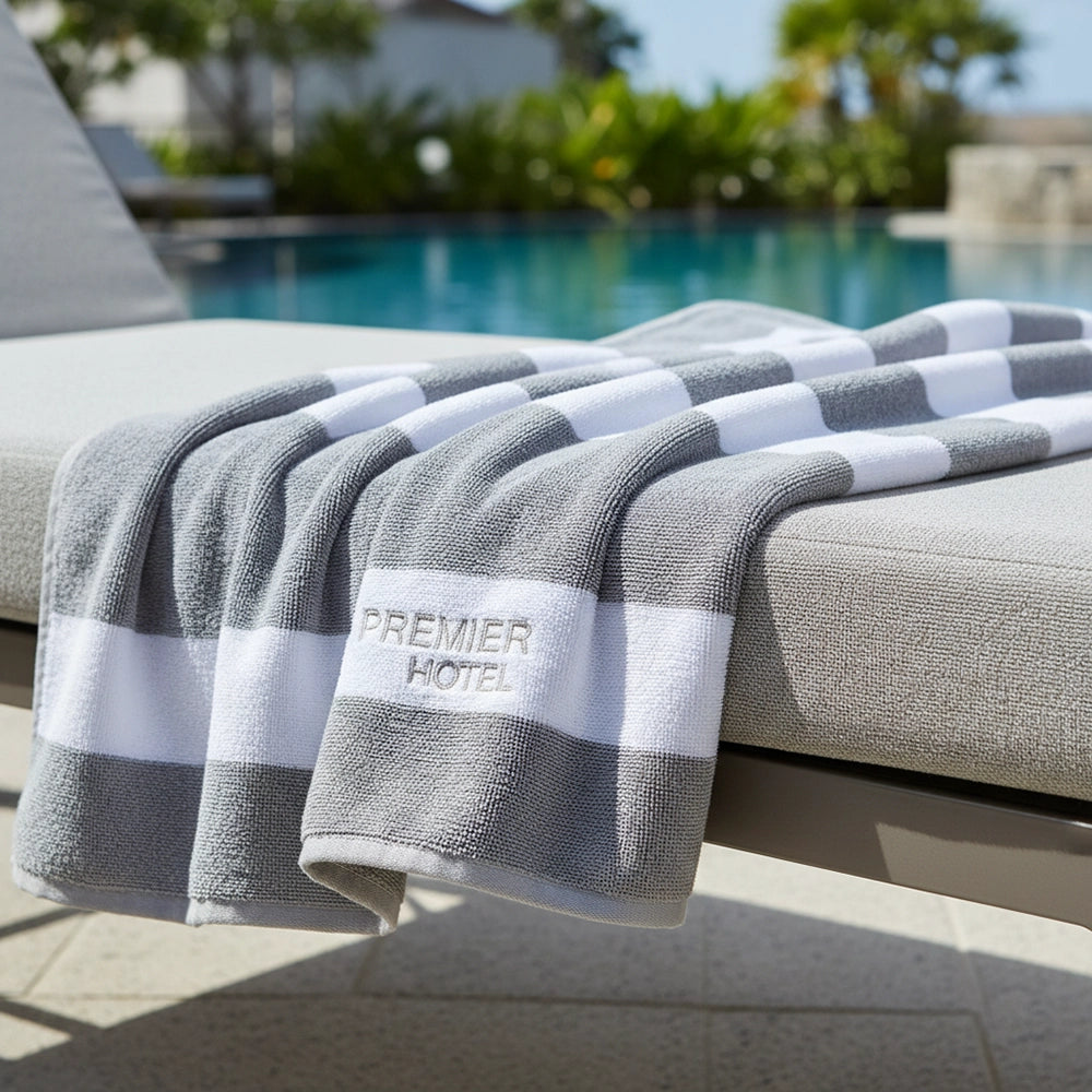 Stone and white striped pool towels - luxury resort and hotel pool linen by Linen and Co