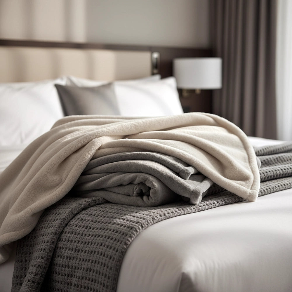 Luxury hotel blanket collection by Linen and Co, featuring premium hospitality blankets in neutral tones layered on a neatly made bed