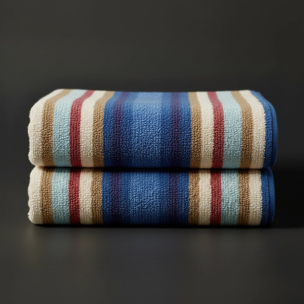 Blue and Cream Multicolour Velour striped beach towels stacked - premium hospitality pool linen by Linen and Co