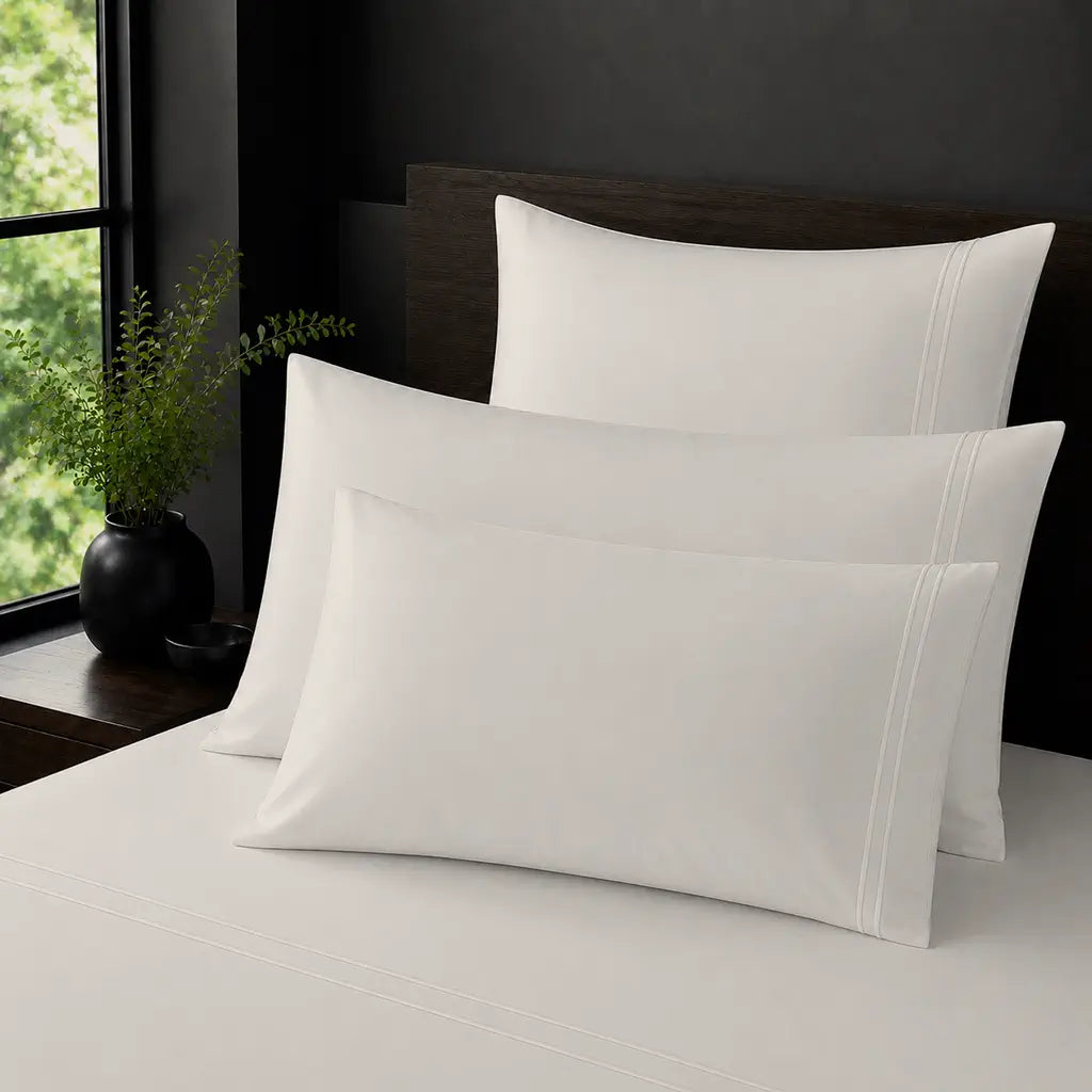 Cream Polycotton Percale 200TC plain pillow cases with White two-row satin stitch - on the bed - Linen and Co