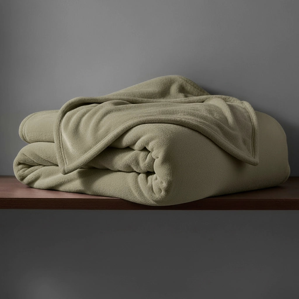 Khaki Belfiore hotel blanket by Linen and Co, neatly folded to showcase its plush texture for hospitality and home.