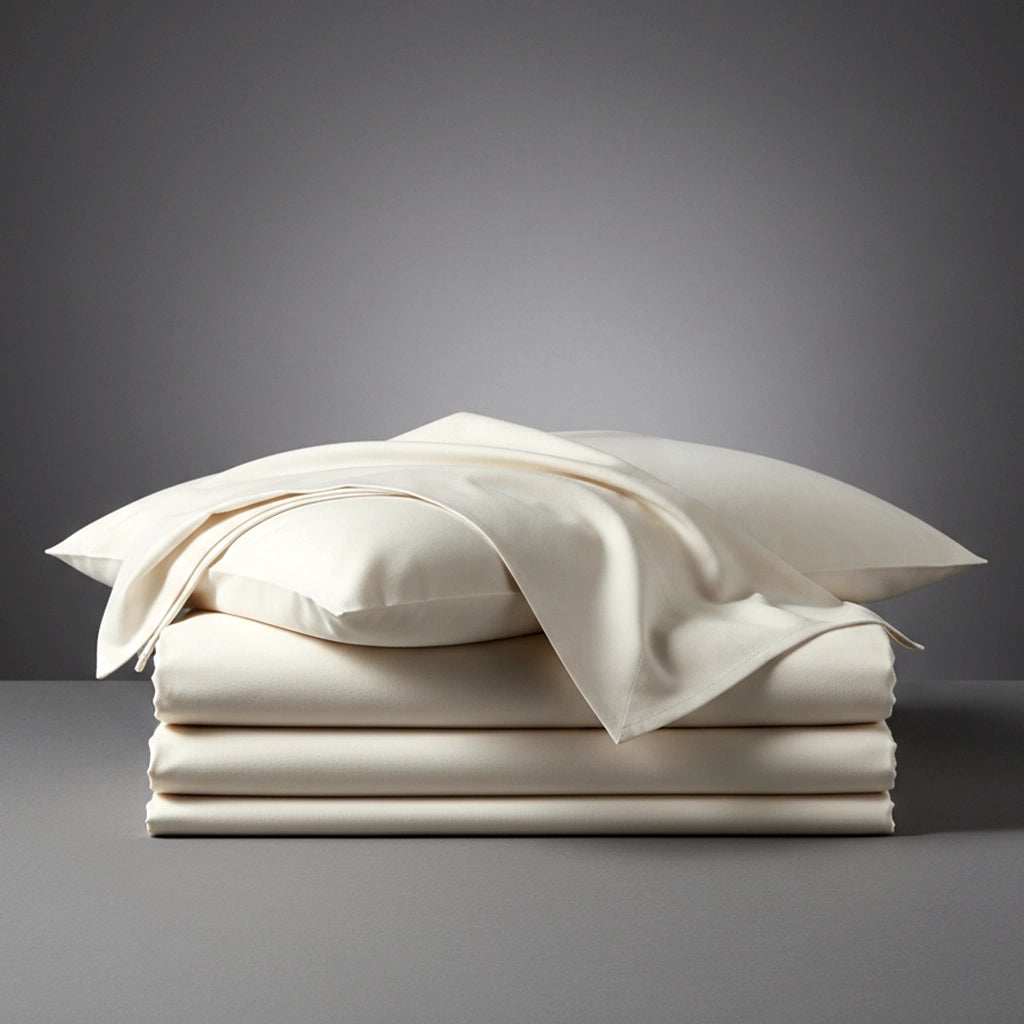 Cream polycotton percale 200TC pillowcases and folded bed linen by Linen and Co, highlighting smooth texture and premium quality.