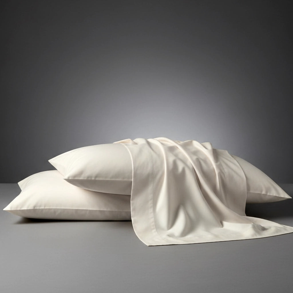 Cream pure cotton percale 200TC pillowcases and folded bed linen by Linen and Co, showcasing smooth texture and premium quality.